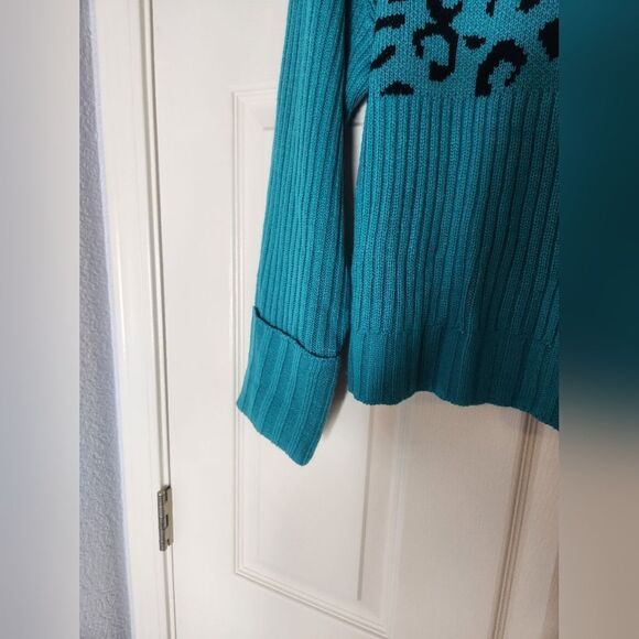 NWT Nine West M TurquoisBlackRibbed LeopardKnit Cropped Turtleneck Women Sweater - Picture 10 of 12